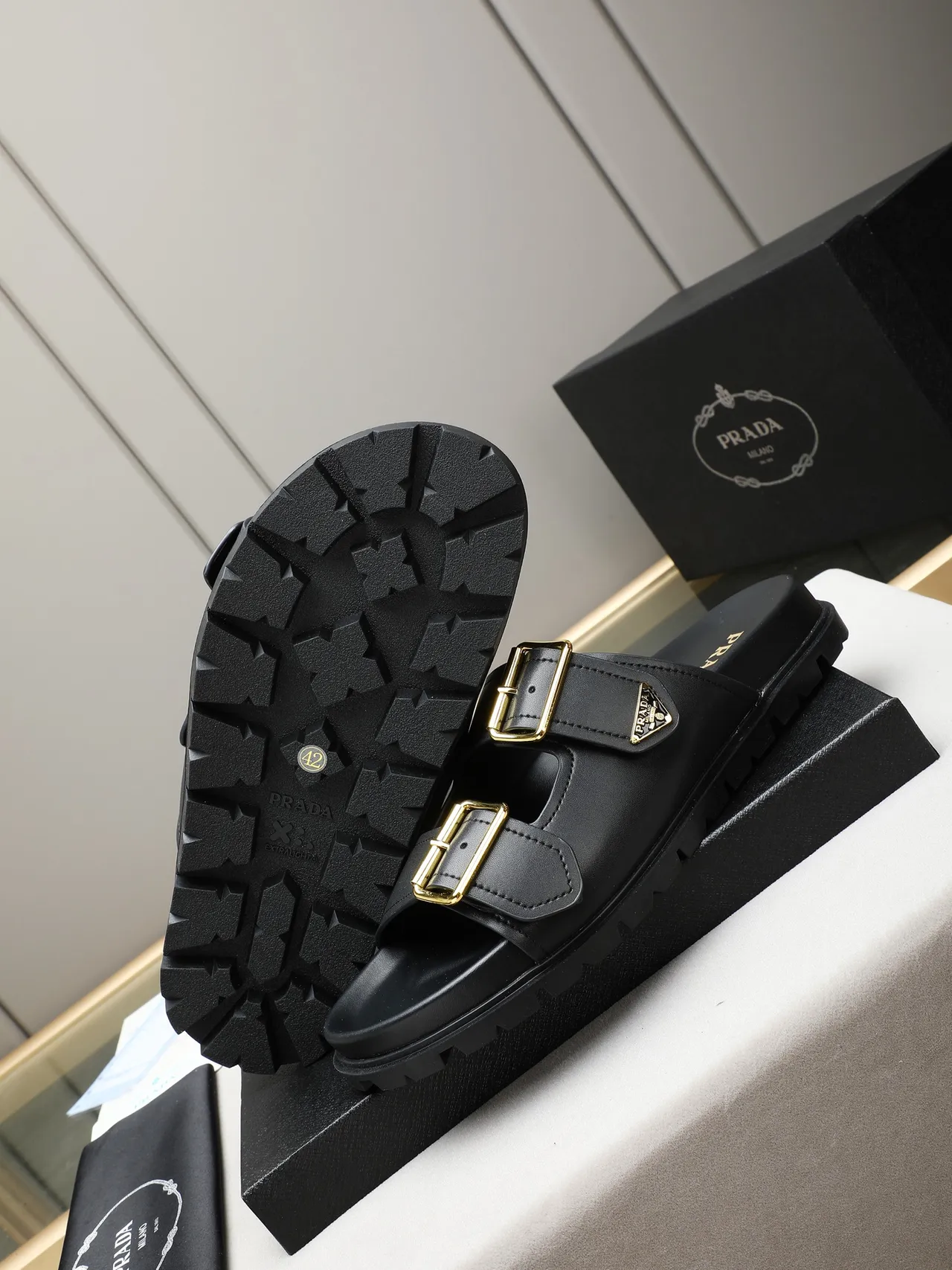 Prada Cloudbust Black Double-Strap Gold Buckle Casual Sandals 5
