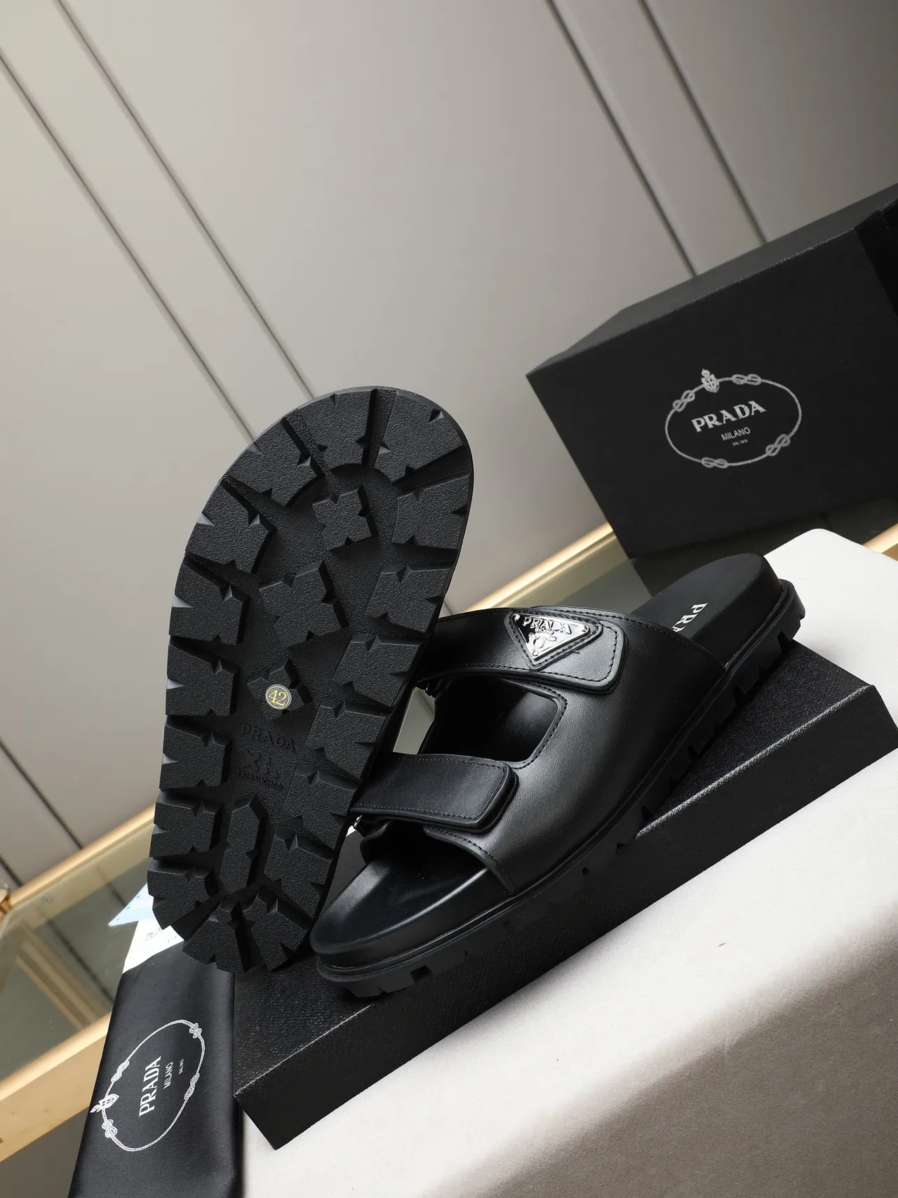 Prada Cloudbust Black Double-Strap Gold Buckle Casual Sandals 6