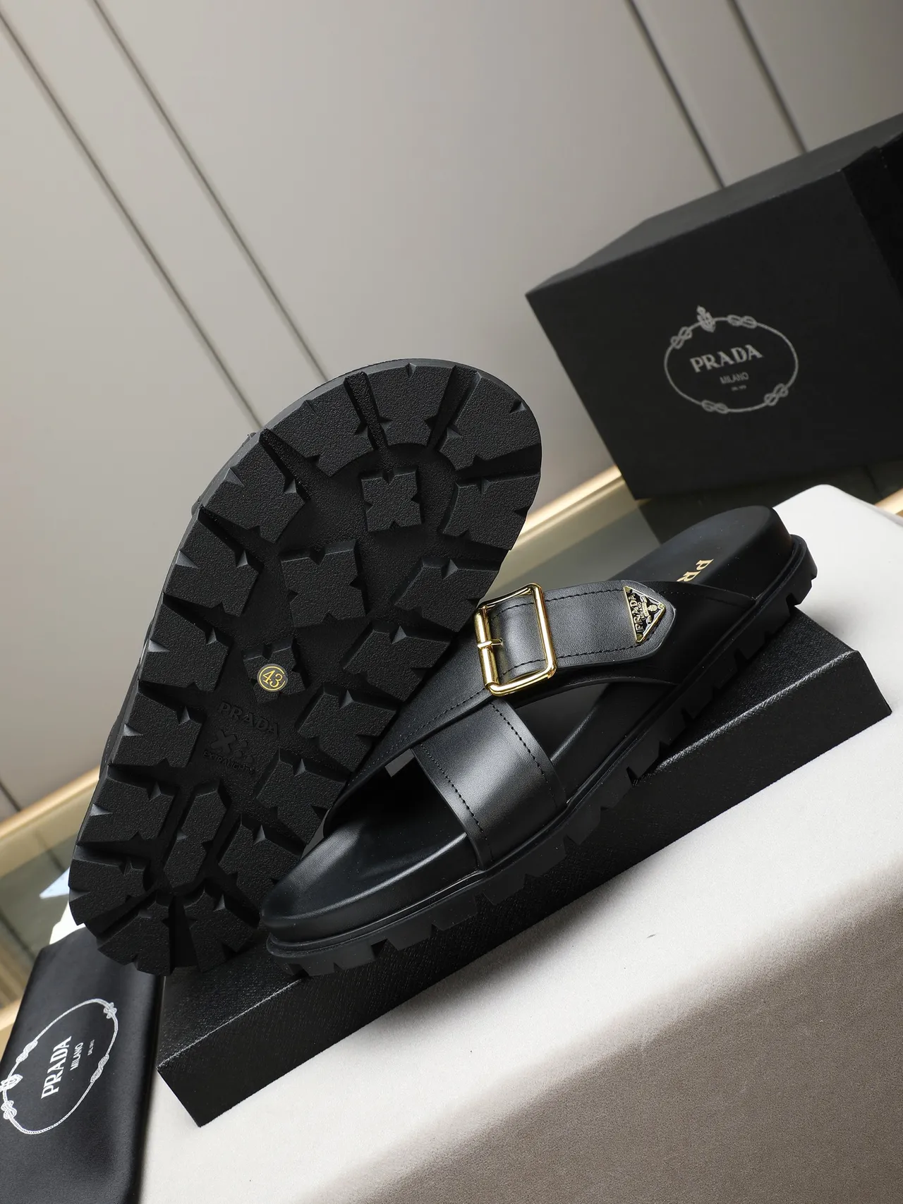 Prada Cloudbust Black Double-Strap Gold Buckle Casual Sandals 7