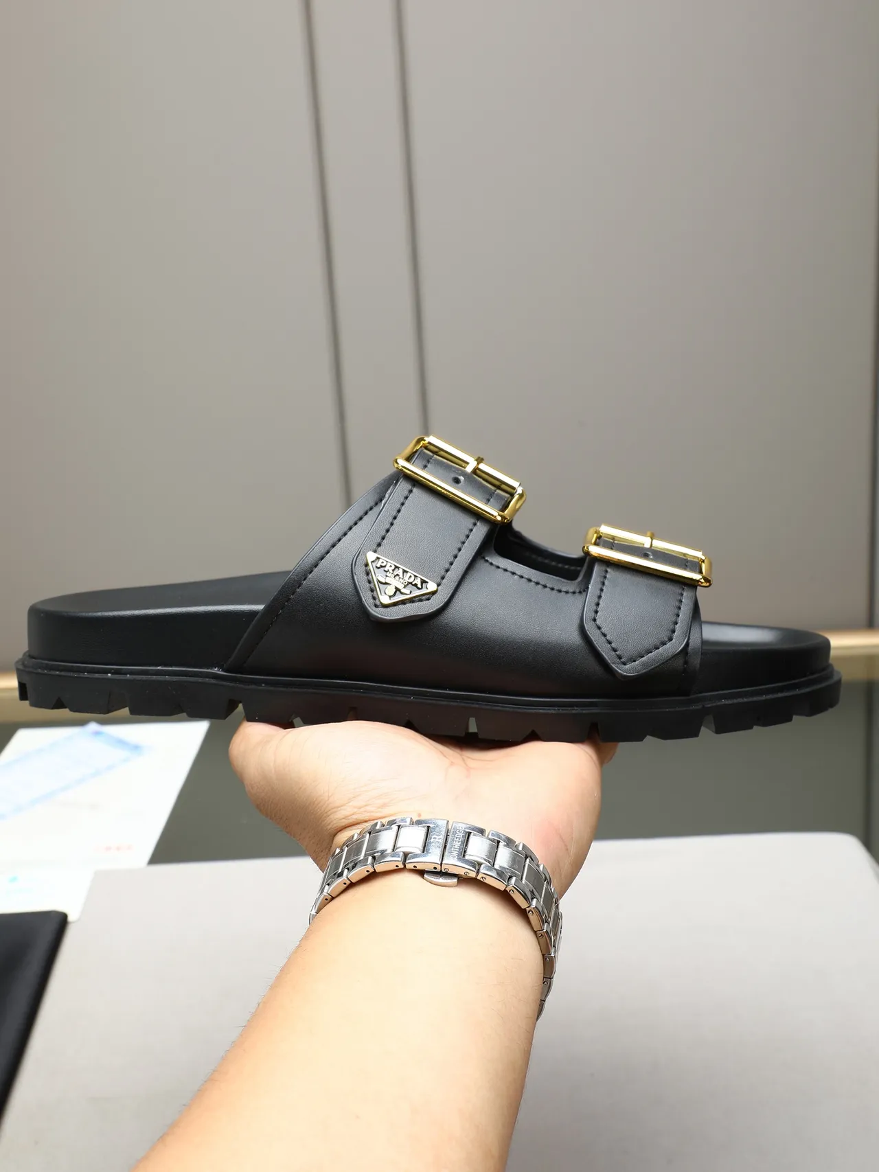 Prada Cloudbust Black Double-Strap Gold Buckle Casual Sandals 8
