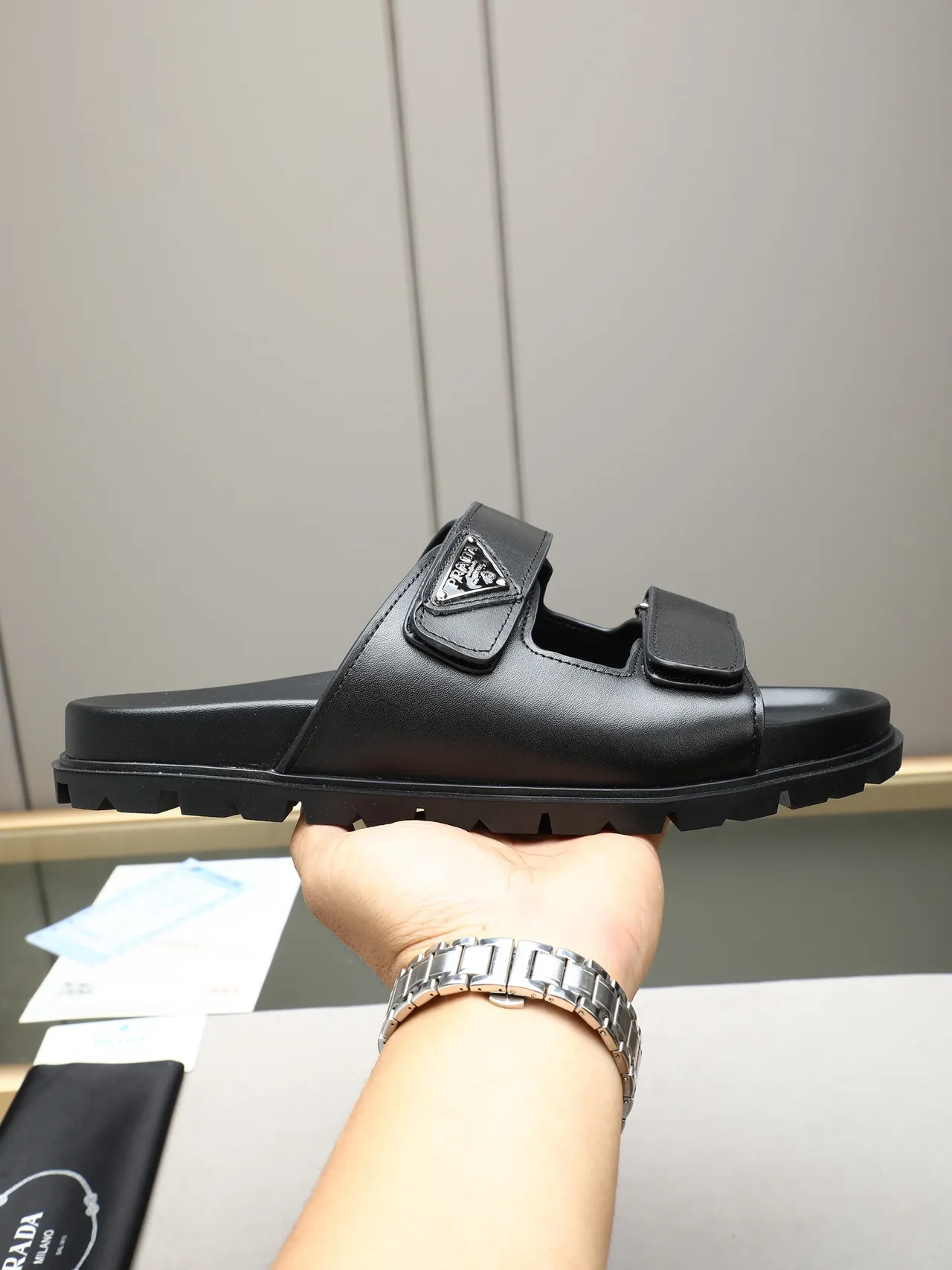 Prada Cloudbust Black Double-Strap Gold Buckle Casual Sandals 9
