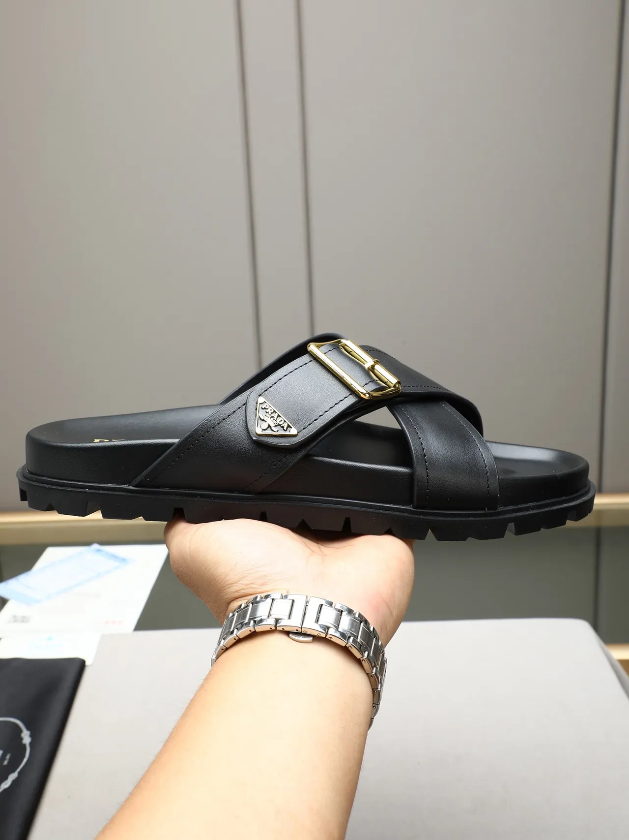 Prada Cloudbust Black Double-Strap Gold Buckle Casual Sandals 10
