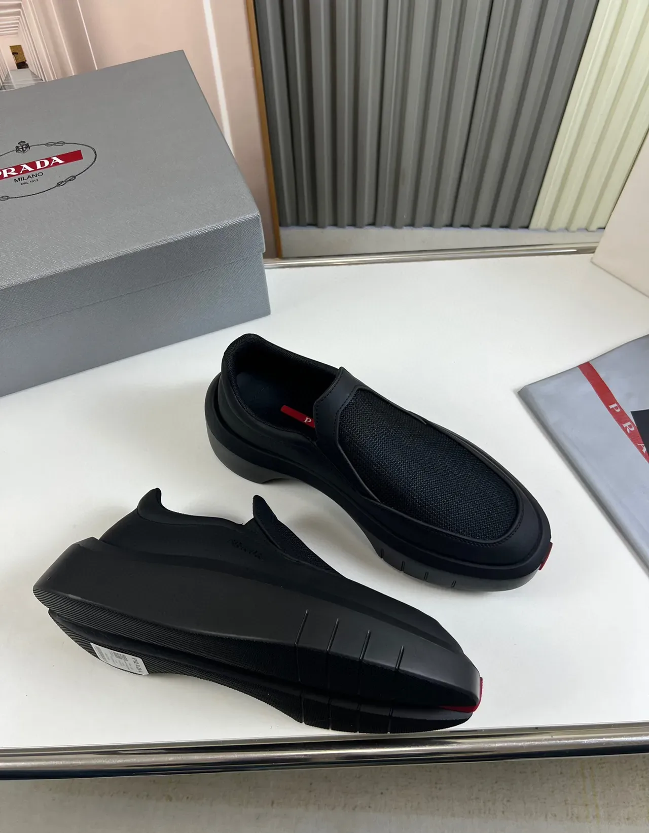 Prada Cloudbust Black Gray Slip-On Mesh-and-Leather Upper Lifestyle Sneakers 5