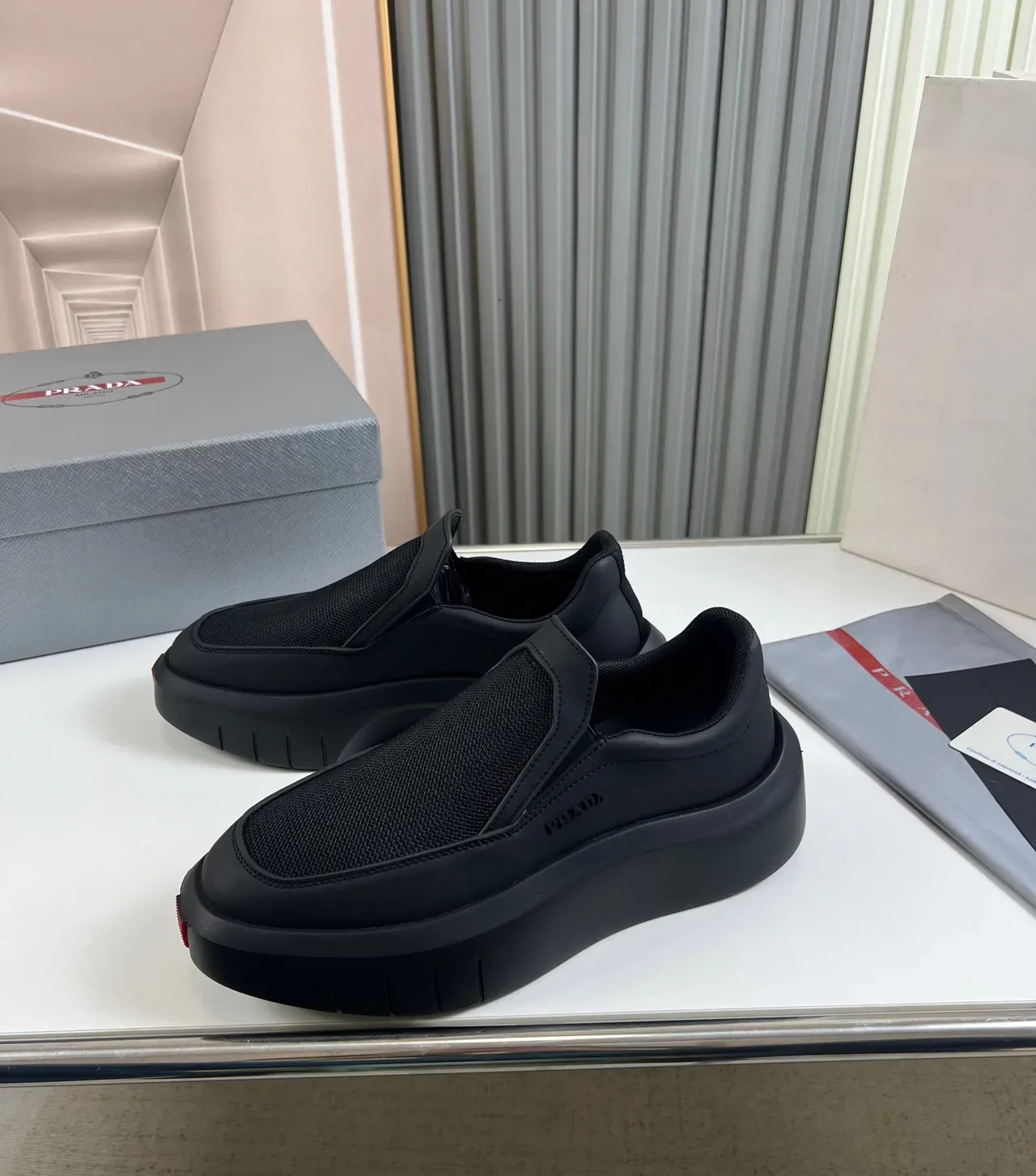 Prada Cloudbust Black Gray Slip-On Mesh-and-Leather Upper Lifestyle Sneakers 7