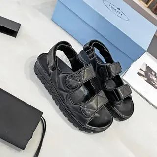 Prada Cloudbust Black Quilted Straps Chunky Lug Sole Casual Sandals