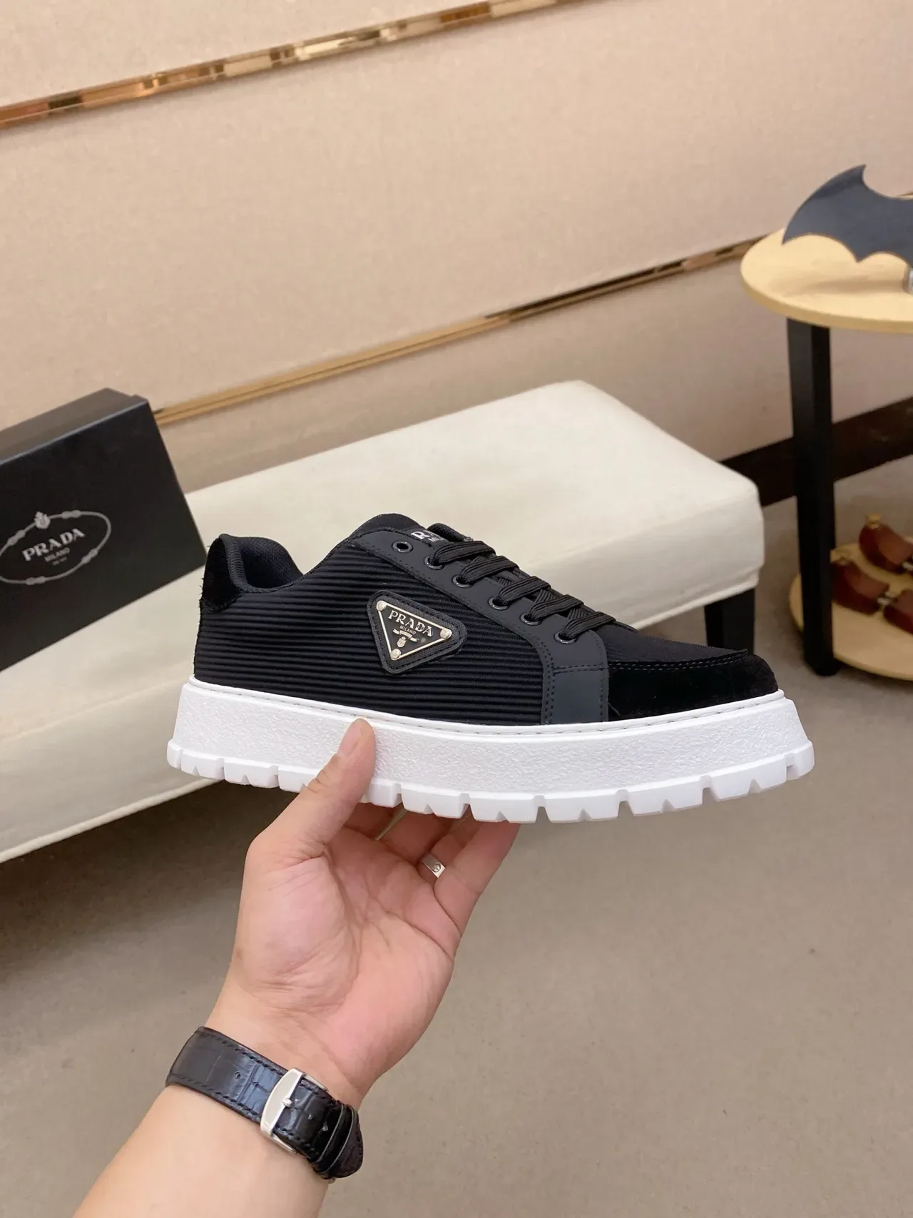 Prada Cloudbust Black Ribbed Nylon and Suede Platform Sneaker 5