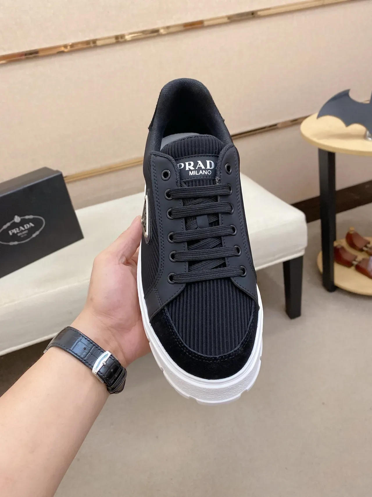 Prada Cloudbust Black Ribbed Nylon and Suede Platform Sneaker 6