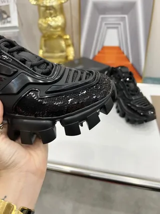 Prada Cloudbust Black Sequined Patent Chunky Sneakers 3