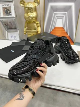 Prada Cloudbust Black Sequined Patent Chunky Sneakers 4