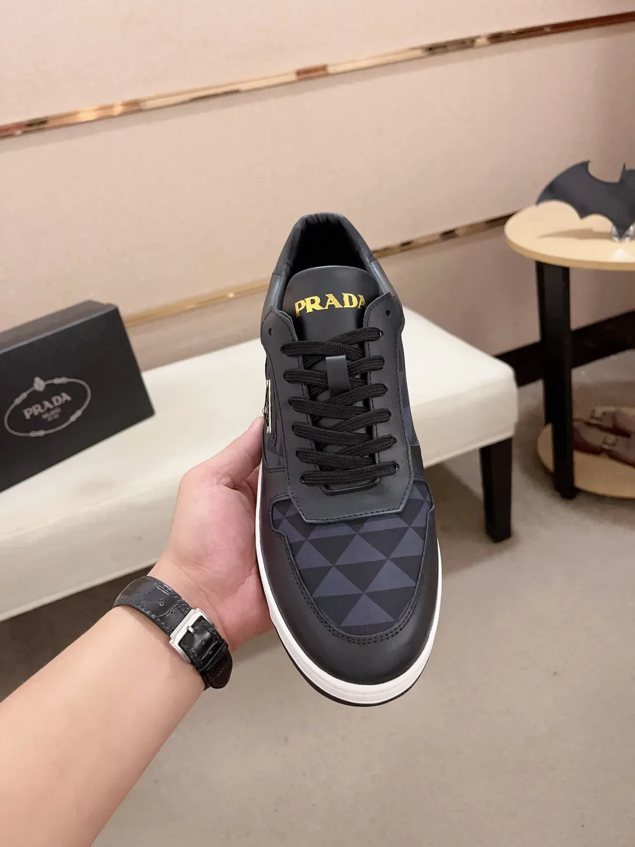 Prada Cloudbust Black White Leather Upper Geometric Pattern Panel Lifestyle Sneakers 2