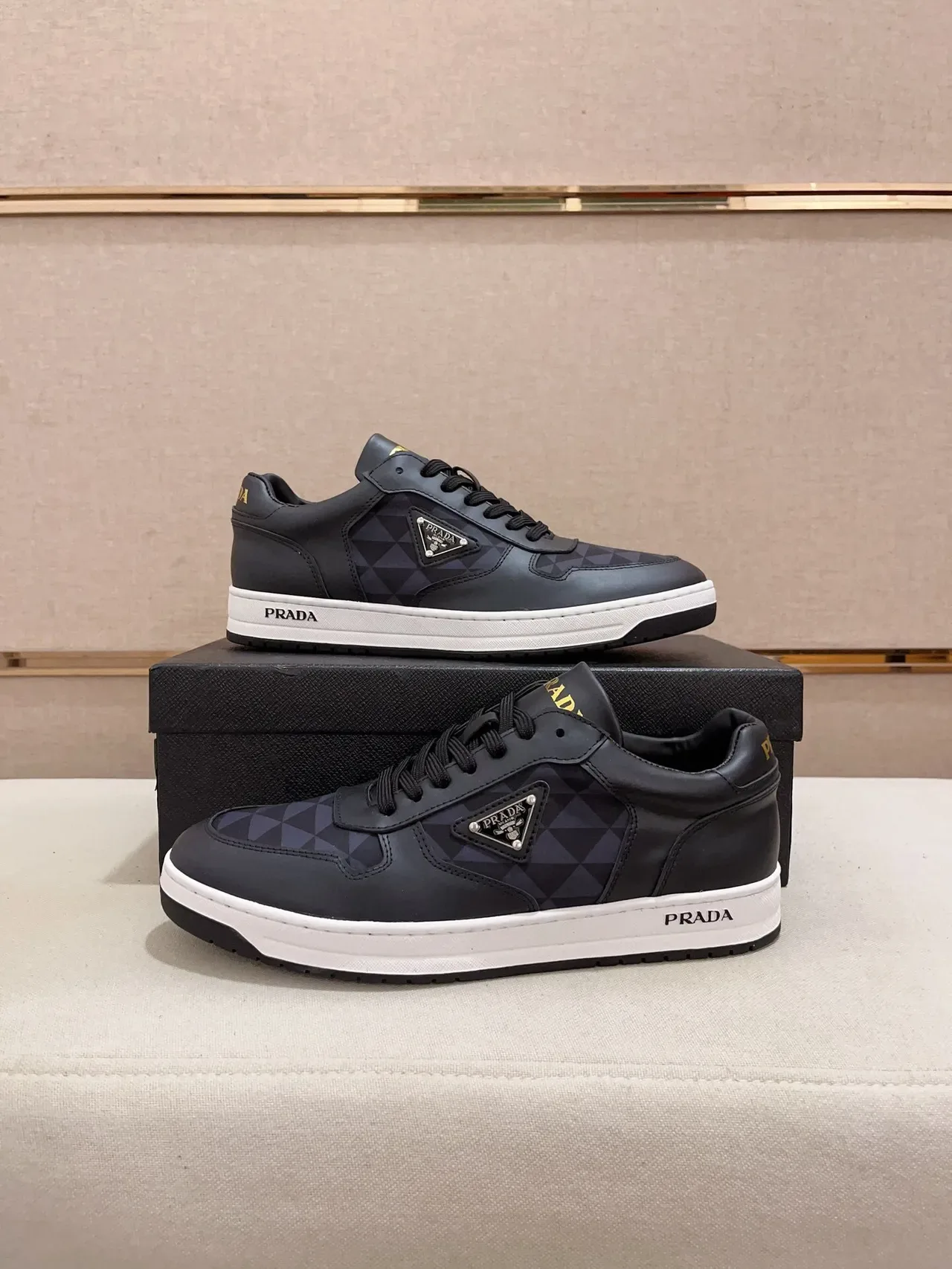 Prada Cloudbust Black White Leather Upper Geometric Pattern Panel Lifestyle Sneakers 7