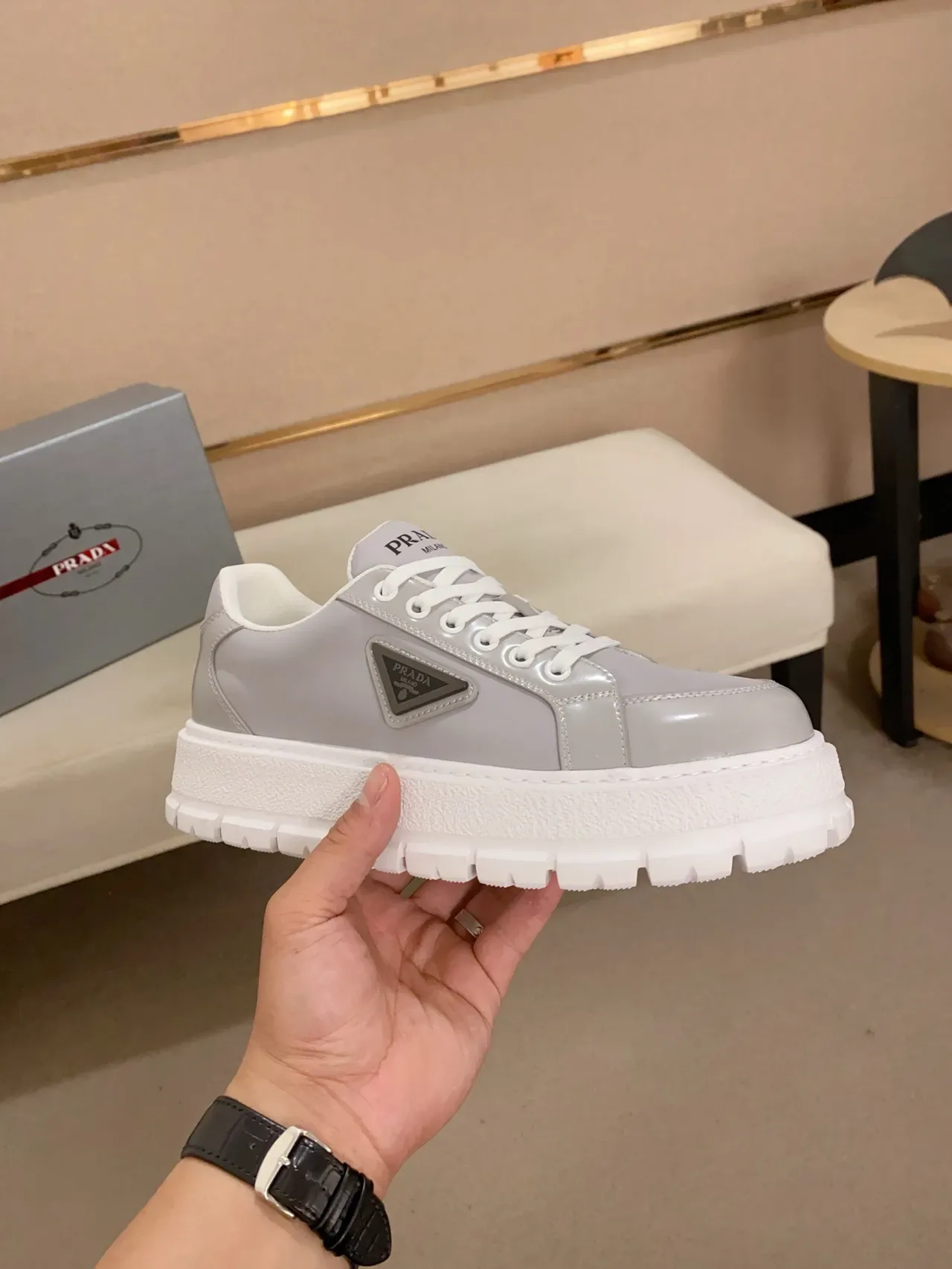 Prada Cloudbust Gray Patent Leather Chunky Sneakers 4