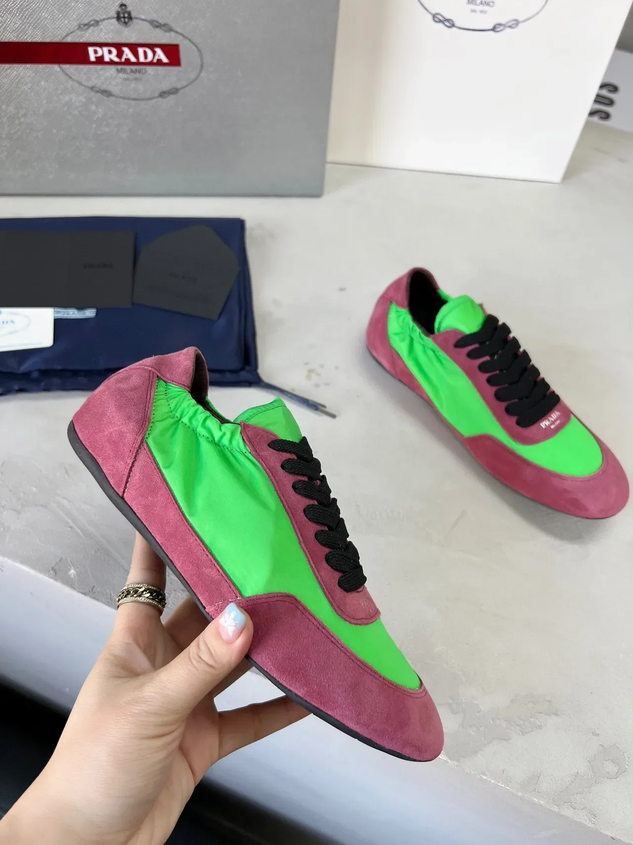 Prada Cloudbust Low Lime Green and Dusty Rose Lifestyle Sneakers 3