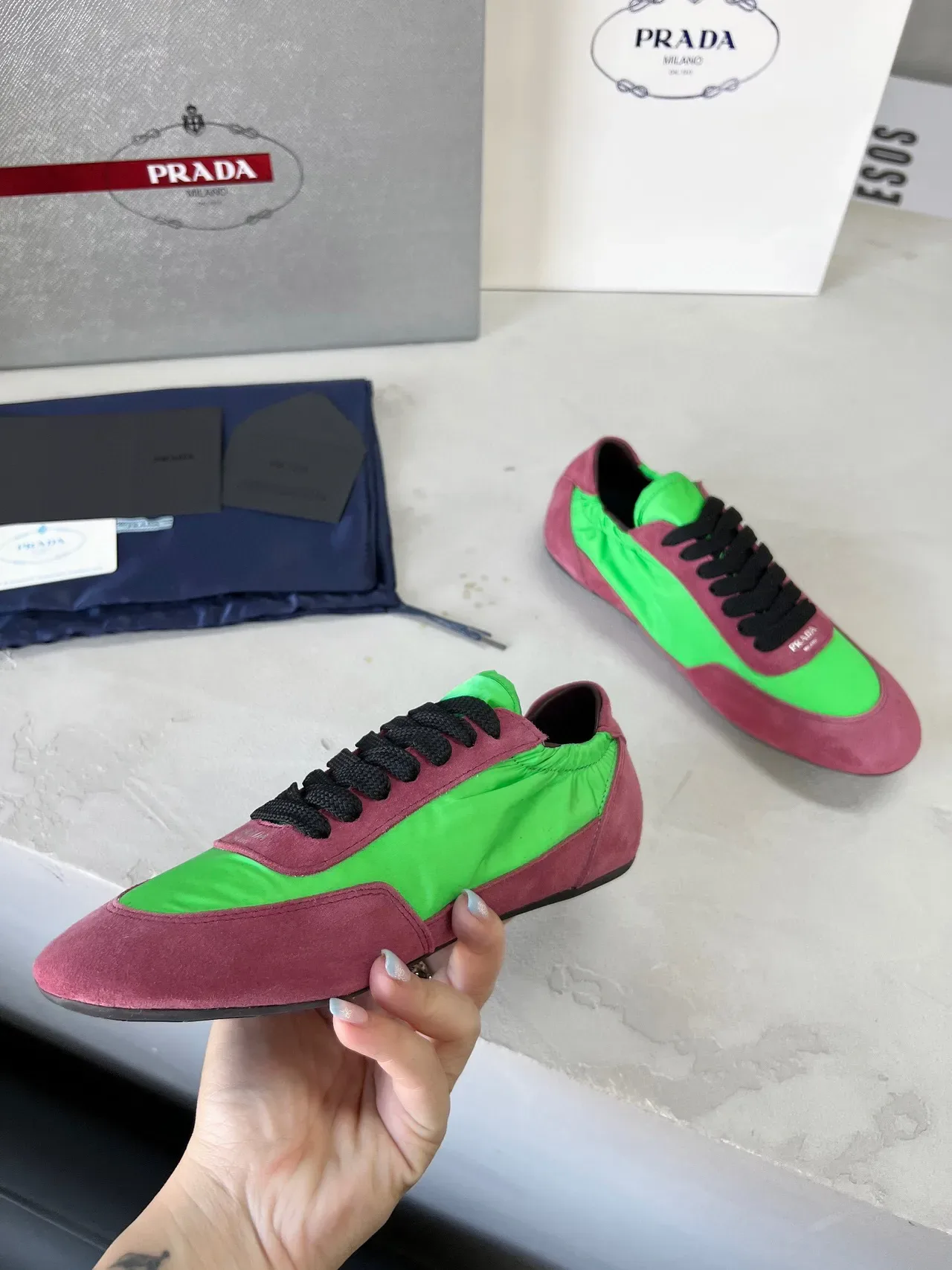 Prada Cloudbust Low Lime Green and Dusty Rose Lifestyle Sneakers 5
