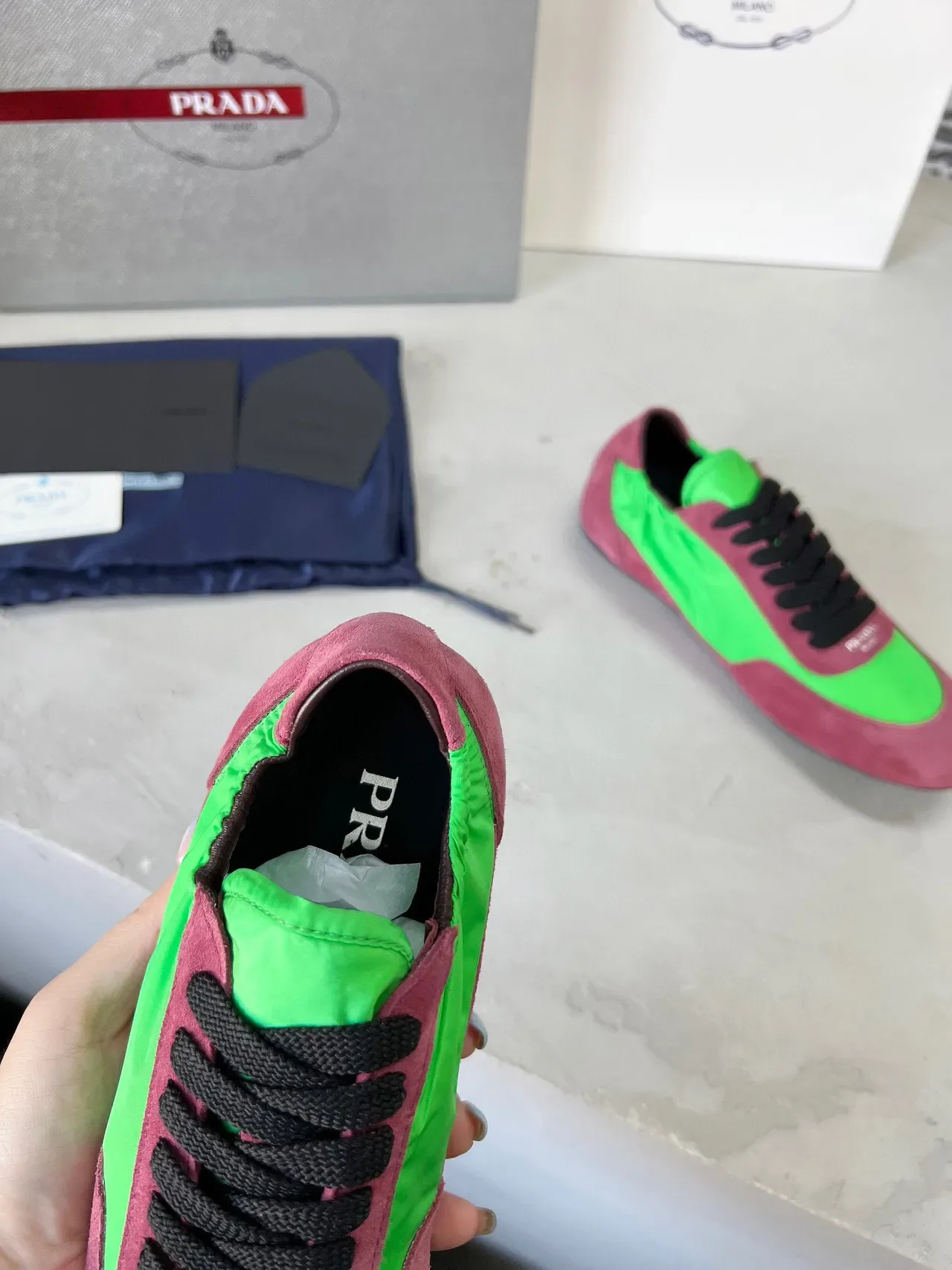 Prada Cloudbust Low Lime Green and Dusty Rose Lifestyle Sneakers 7
