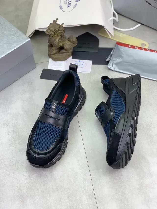 Prada Cloudbust Navy Blue Mesh and Black Leather Slip-On Lifestyle Sneakers 6