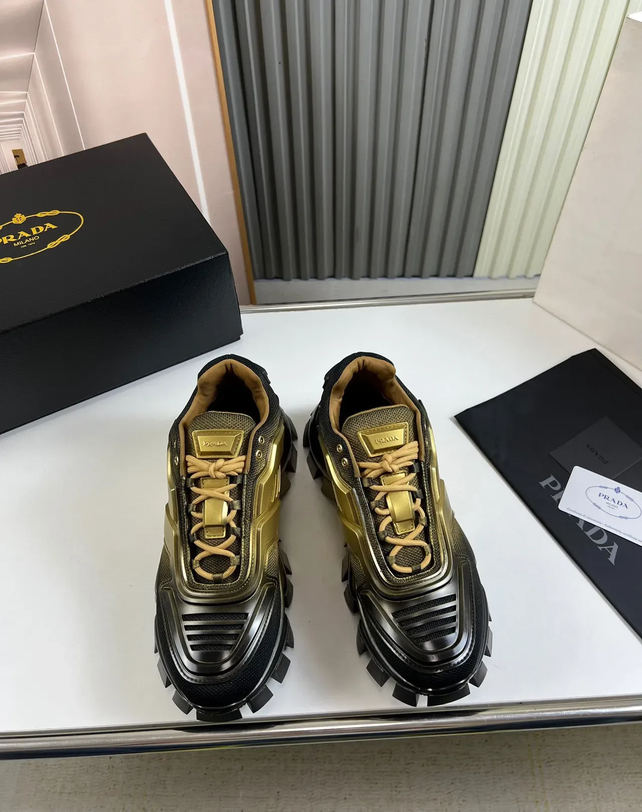 Prada Cloudbust Runner Black and Gold Chunky Sneakers 9