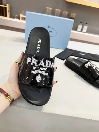 Prada Cloudbust Slide Black Sequined Logo Slippers 2