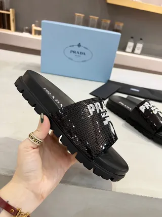 Prada Cloudbust Slide Black Sequined Logo Slippers 4