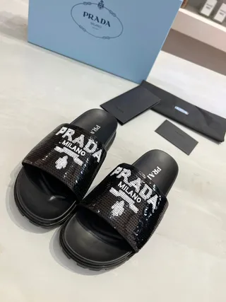Prada Cloudbust Slide Black Sequined Logo Slippers 5