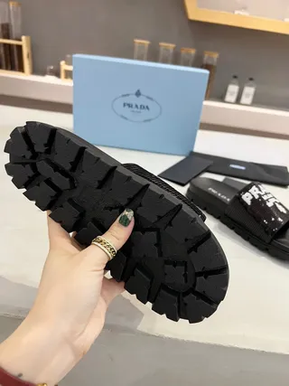 Prada Cloudbust Slide Black Sequined Logo Slippers 6