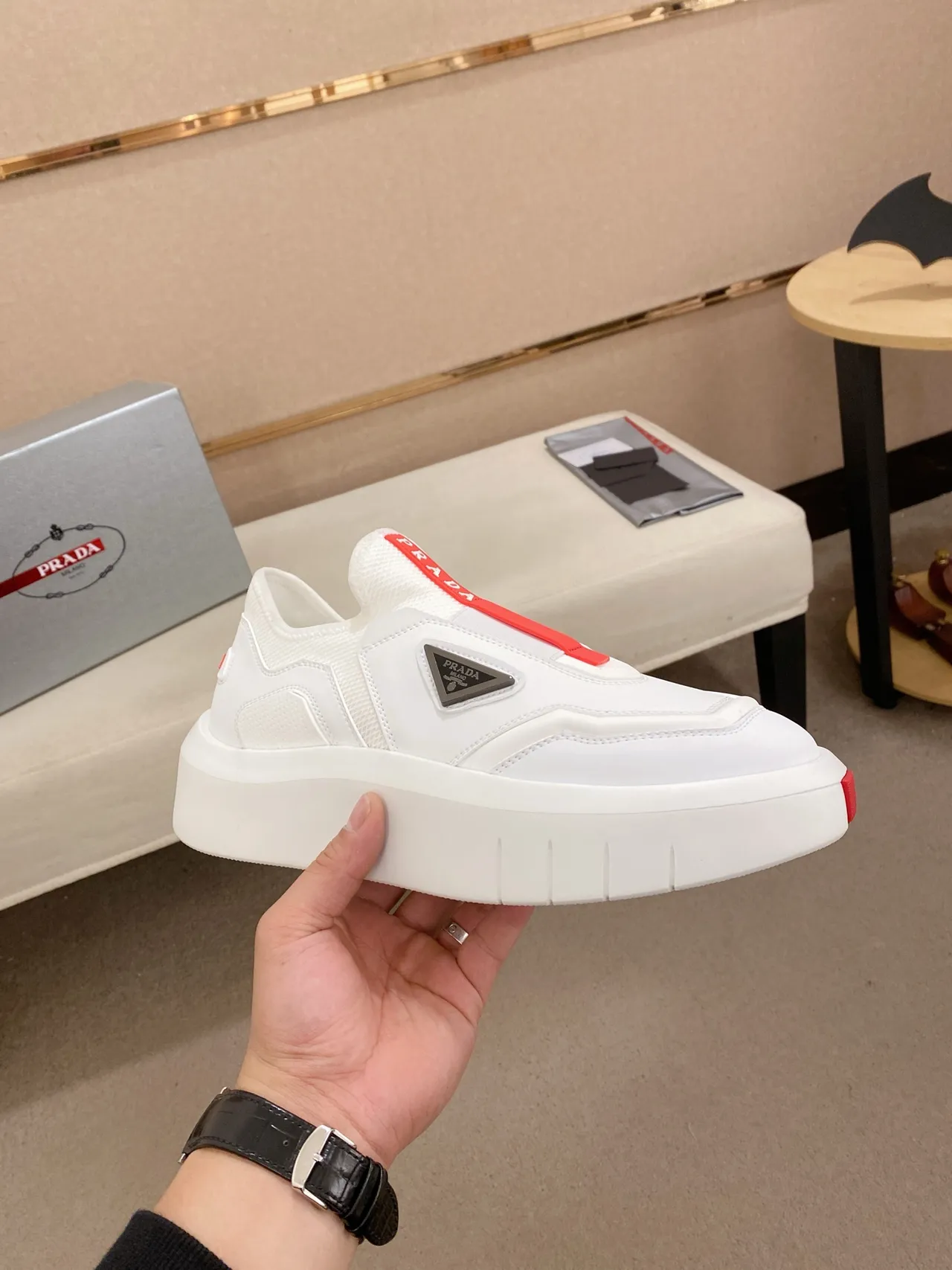 Prada Cloudbust White and Red Slip-On Lifestyle Sneakers 4