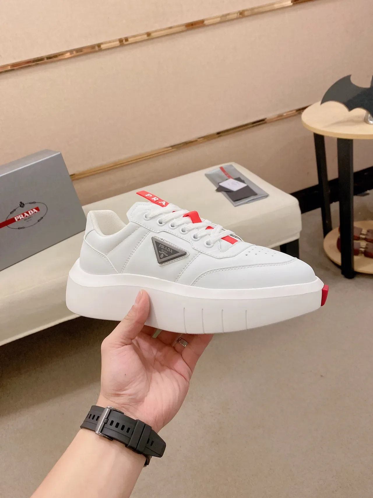 Prada Cloudbust White Red Platform Sole Perforated Toe Lifestyle Sneakers 4