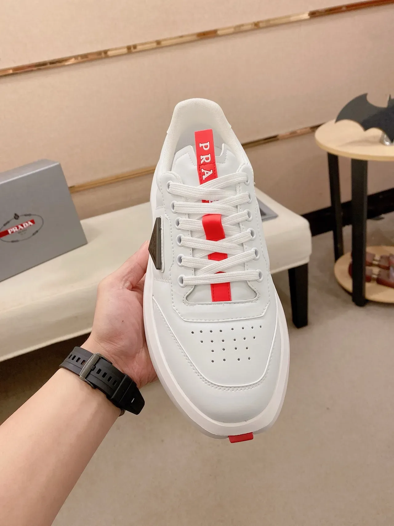 Prada Cloudbust White Red Platform Sole Perforated Toe Lifestyle Sneakers 5
