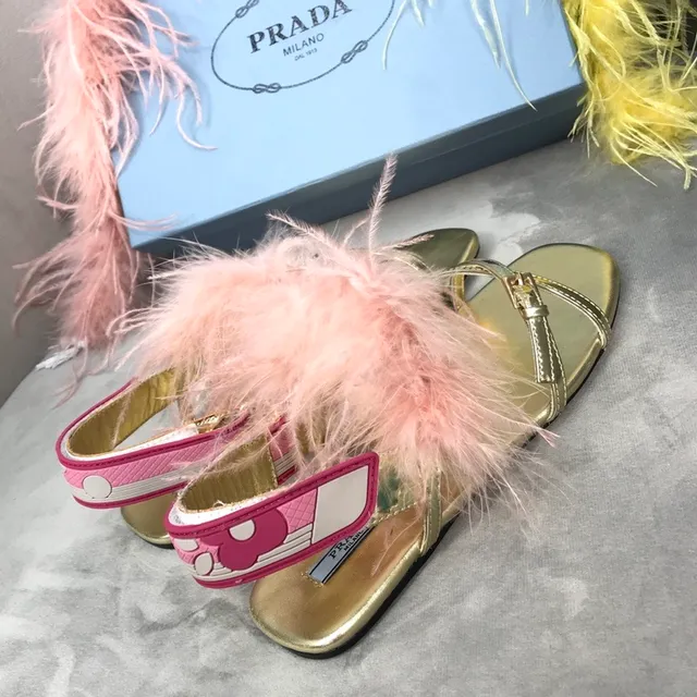 Prada Feather Sandals Gold Pink Metallic Casual Sandals 4