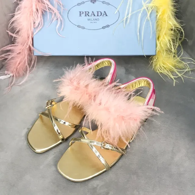 Prada Feather Sandals Gold Pink Metallic Casual Sandals 5