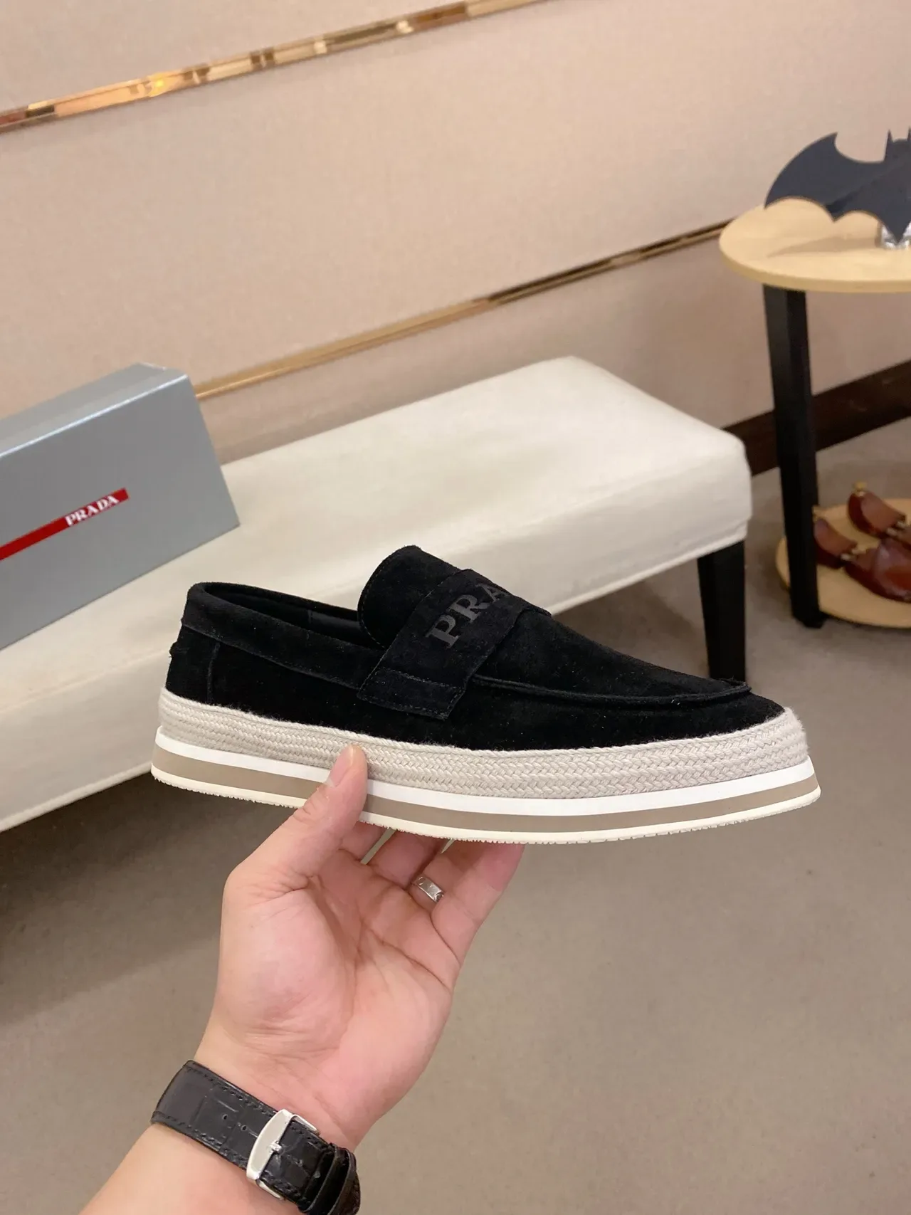Prada Loafer Black Beige Suede Upper Elastic Strap Loafer 4