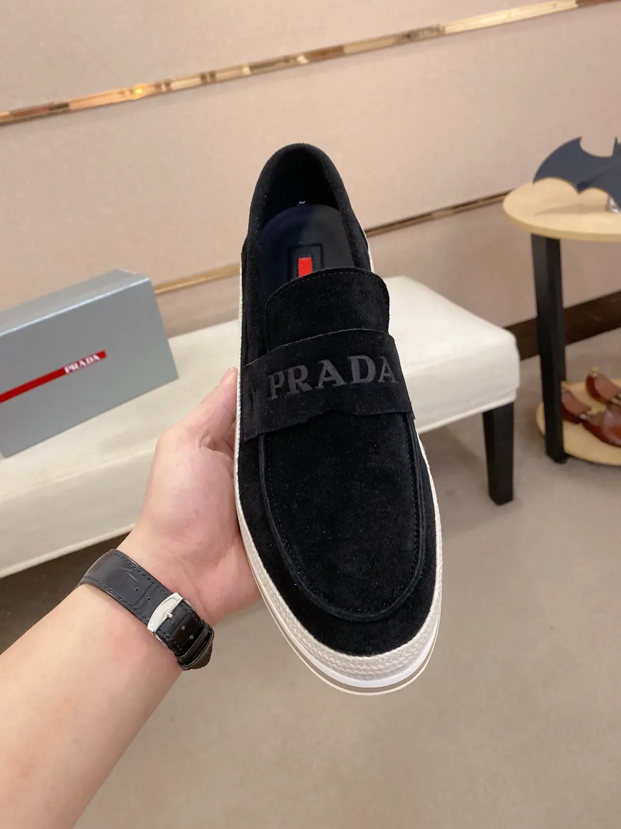 Prada Loafer Black Beige Suede Upper Elastic Strap Loafer 5