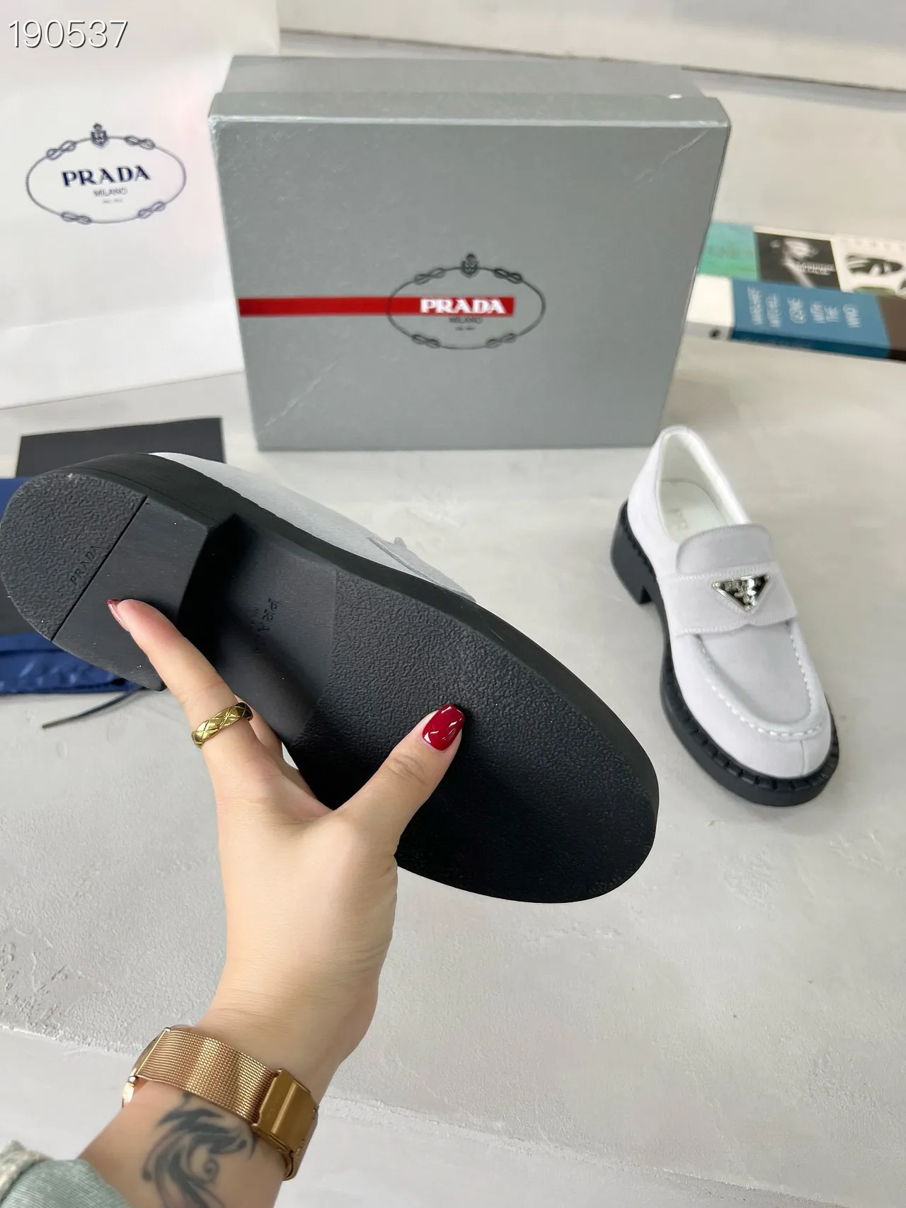 Prada Loafer Gray Black Suede Upper Moc-Toe Stitching Loafer 3