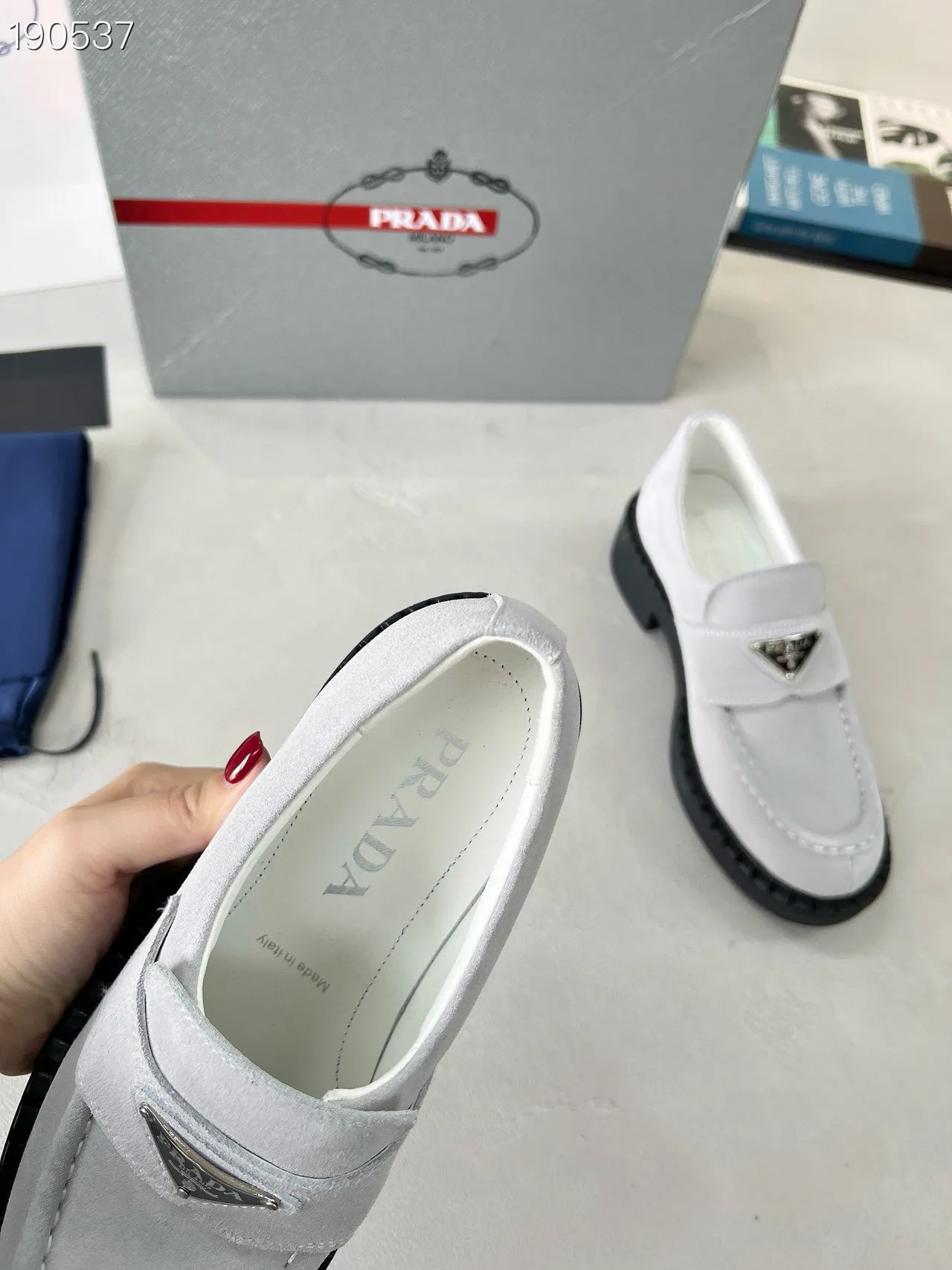 Prada Loafer Gray Black Suede Upper Moc-Toe Stitching Loafer 4
