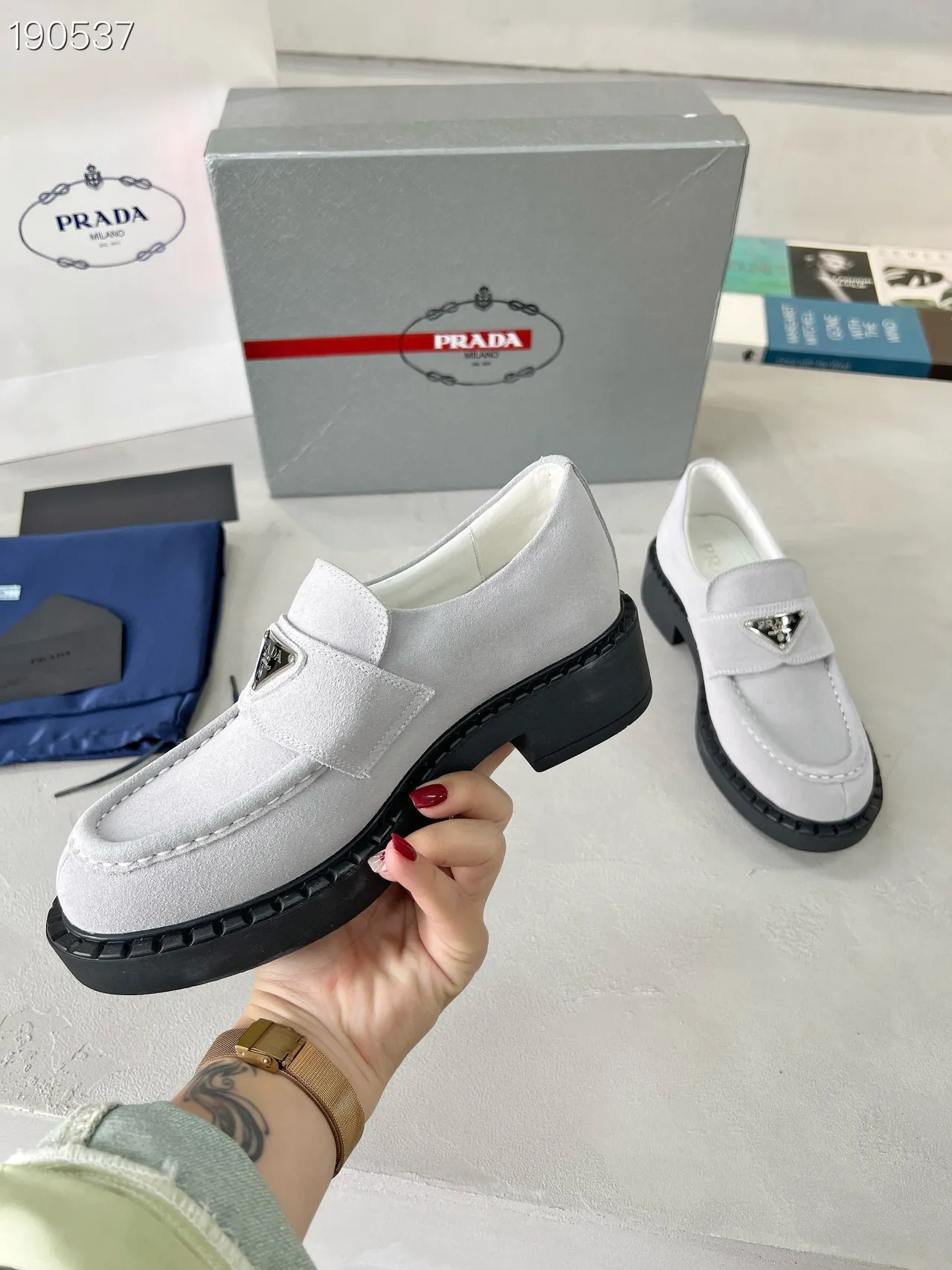 Prada Loafer Gray Black Suede Upper Moc-Toe Stitching Loafer 5