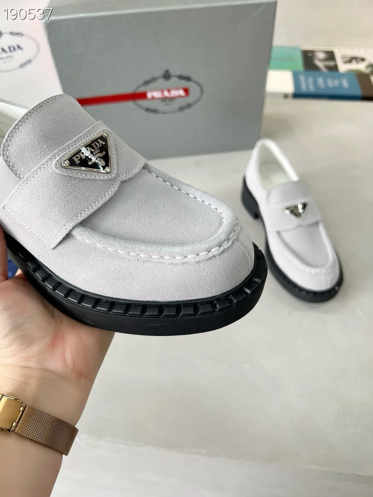 Prada Loafer Gray Black Suede Upper Moc-Toe Stitching Loafer 6