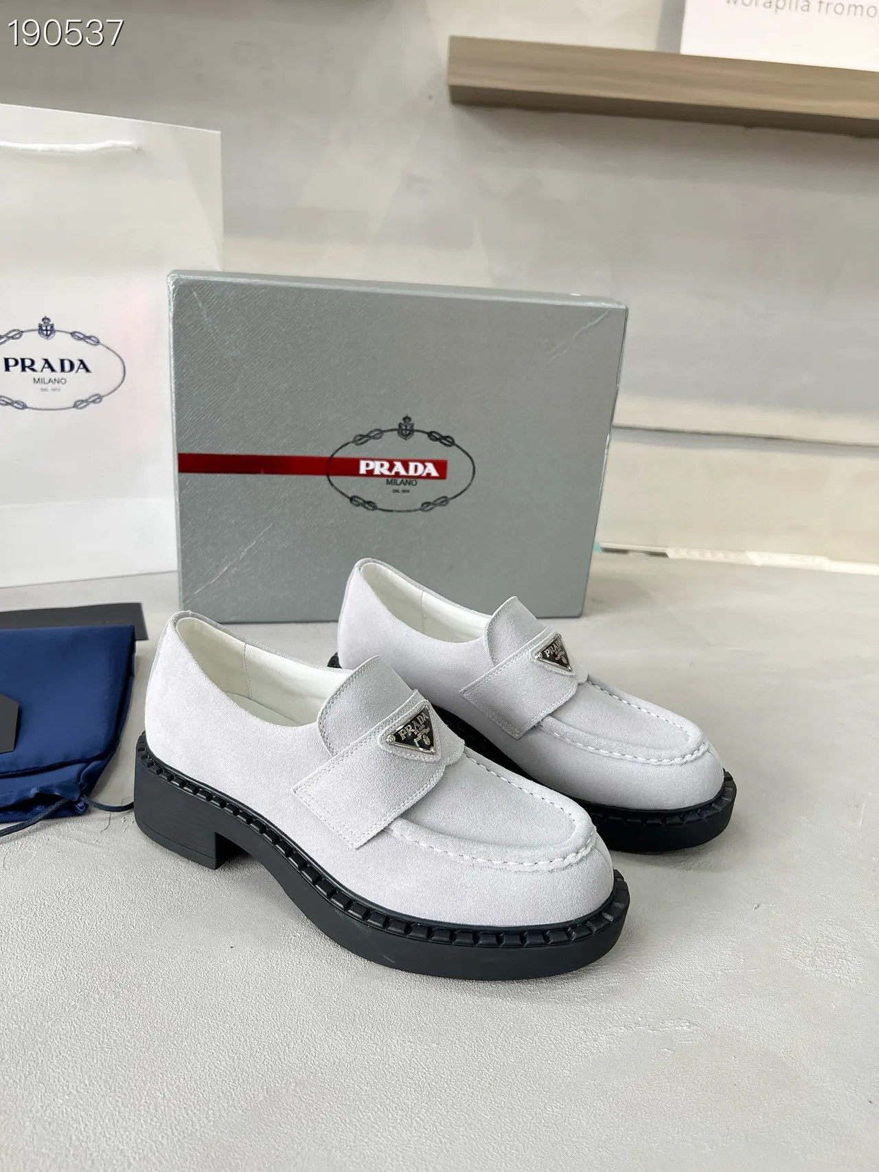 Prada Loafer Gray Black Suede Upper Moc-Toe Stitching Loafer 7
