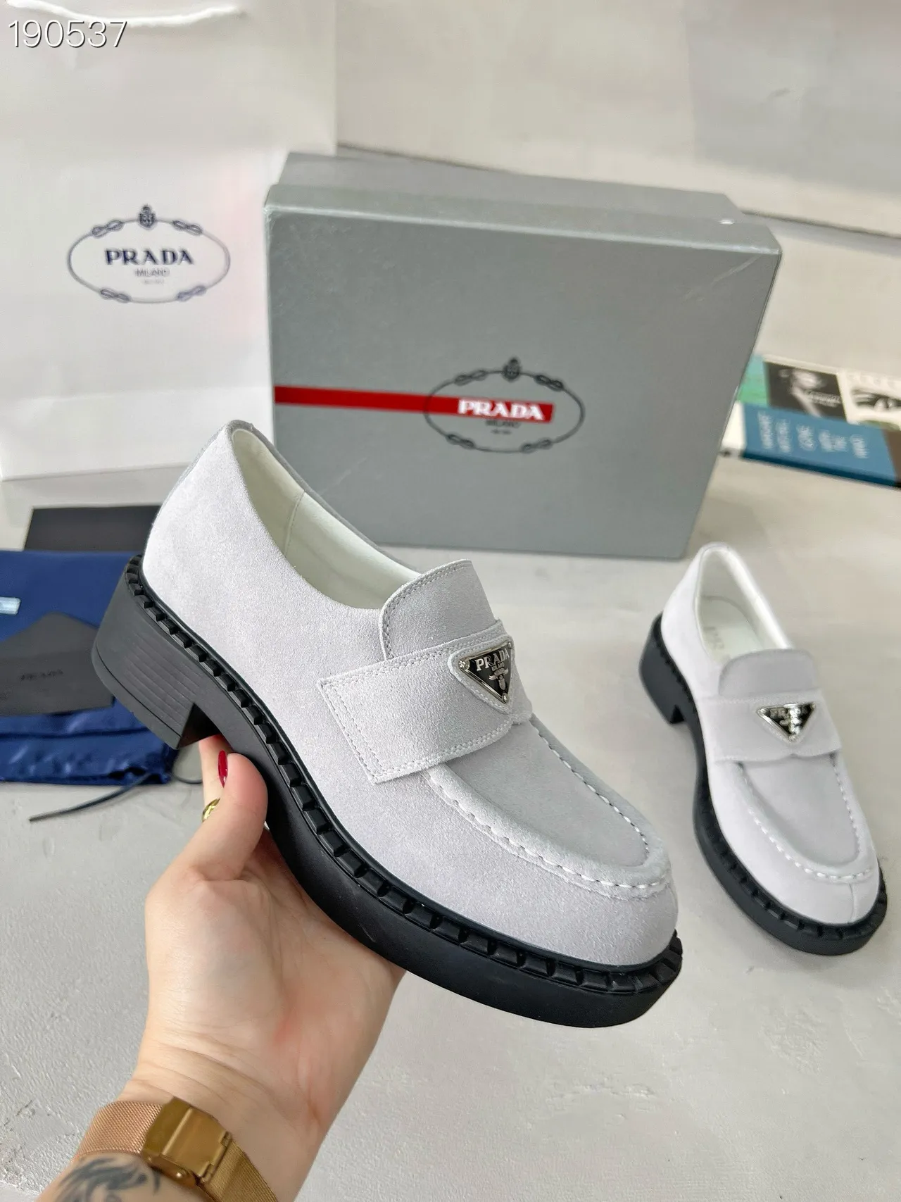 Prada Loafer Gray Black Suede Upper Moc-Toe Stitching Loafer 8