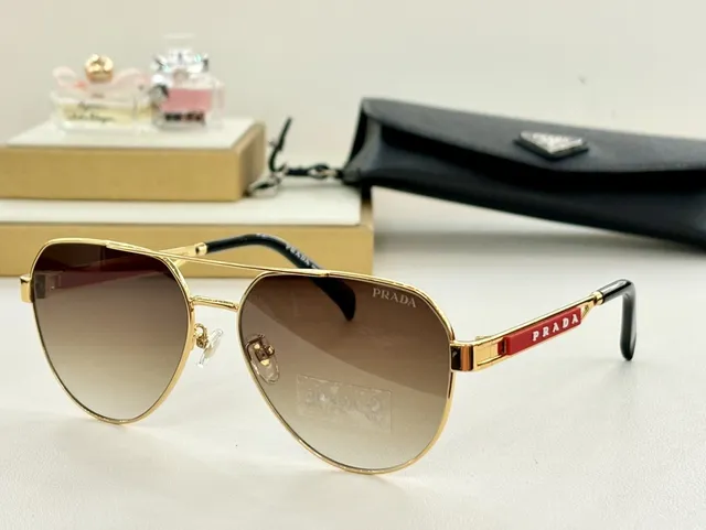 Prada Luna Rossa Gold and Red Aviator Sunglasses 6