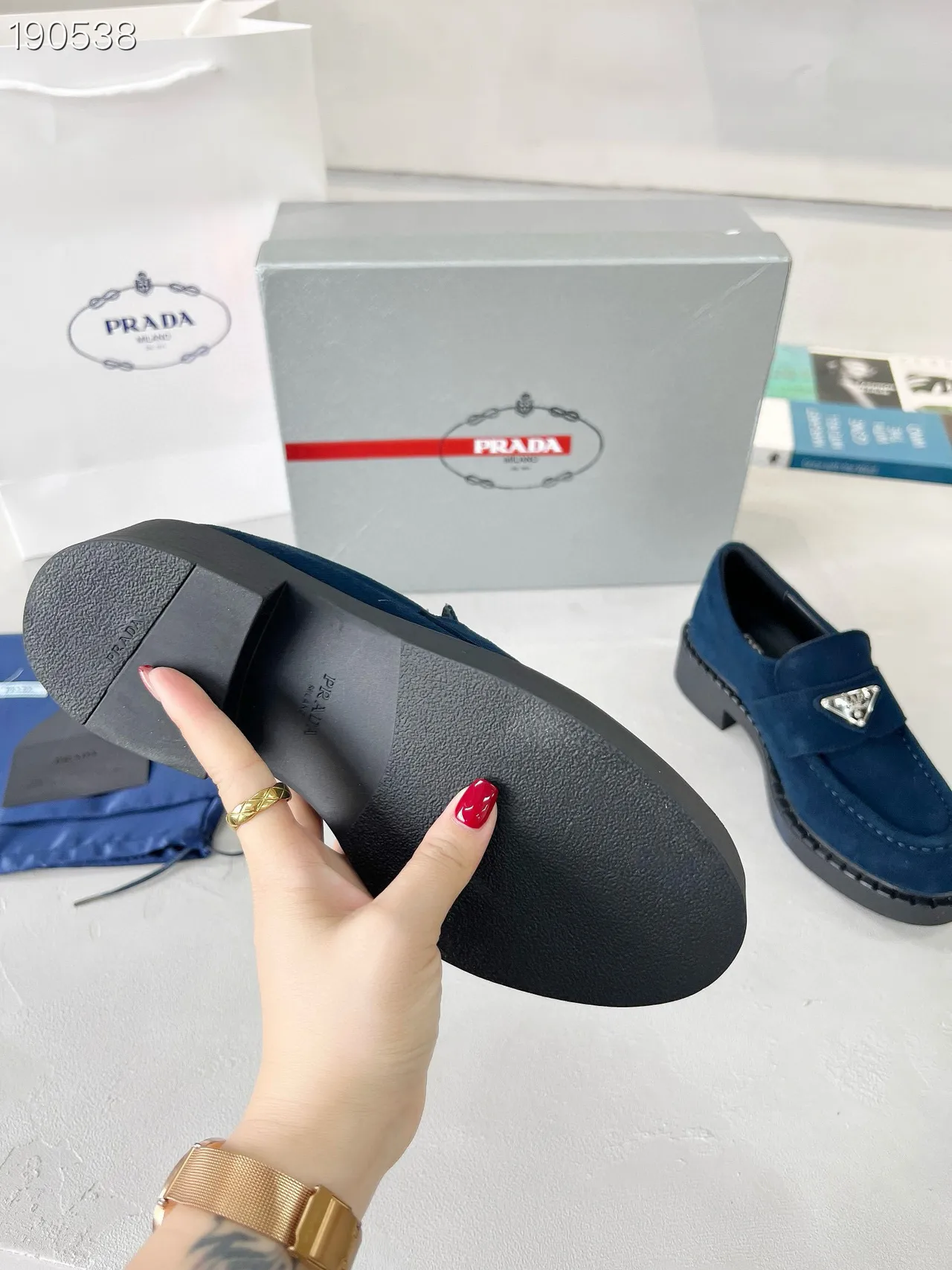 Prada Navy Black Suede Upper Padded Strap Loafer 3