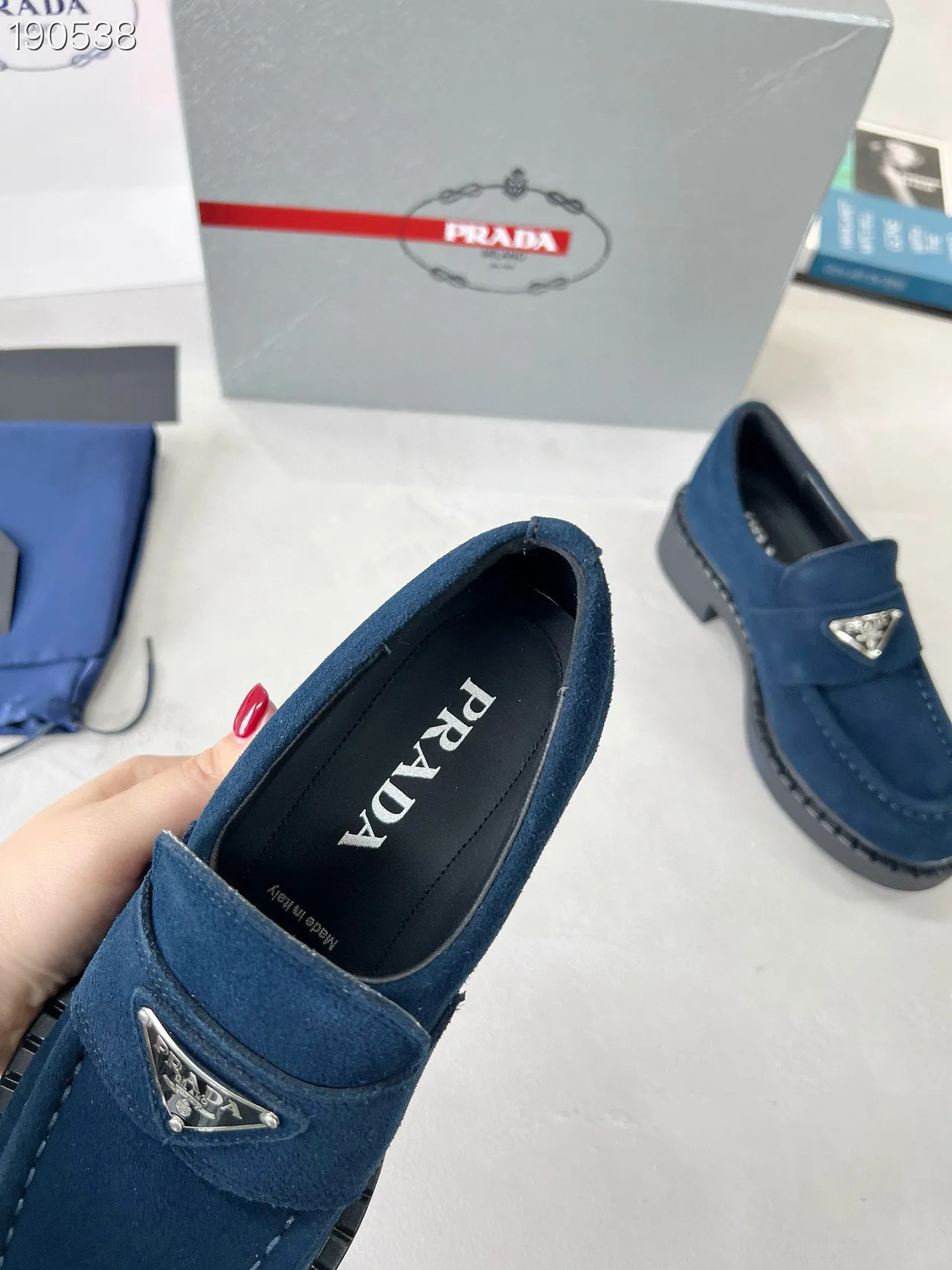 Prada Navy Black Suede Upper Padded Strap Loafer 4