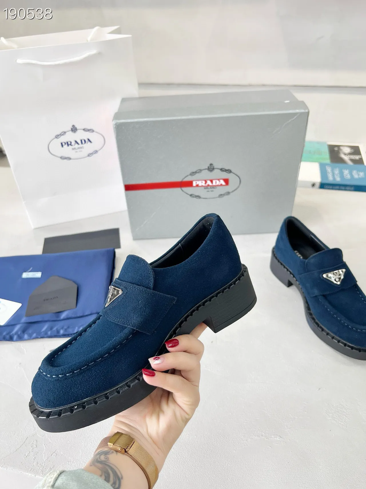 Prada Navy Black Suede Upper Padded Strap Loafer 5