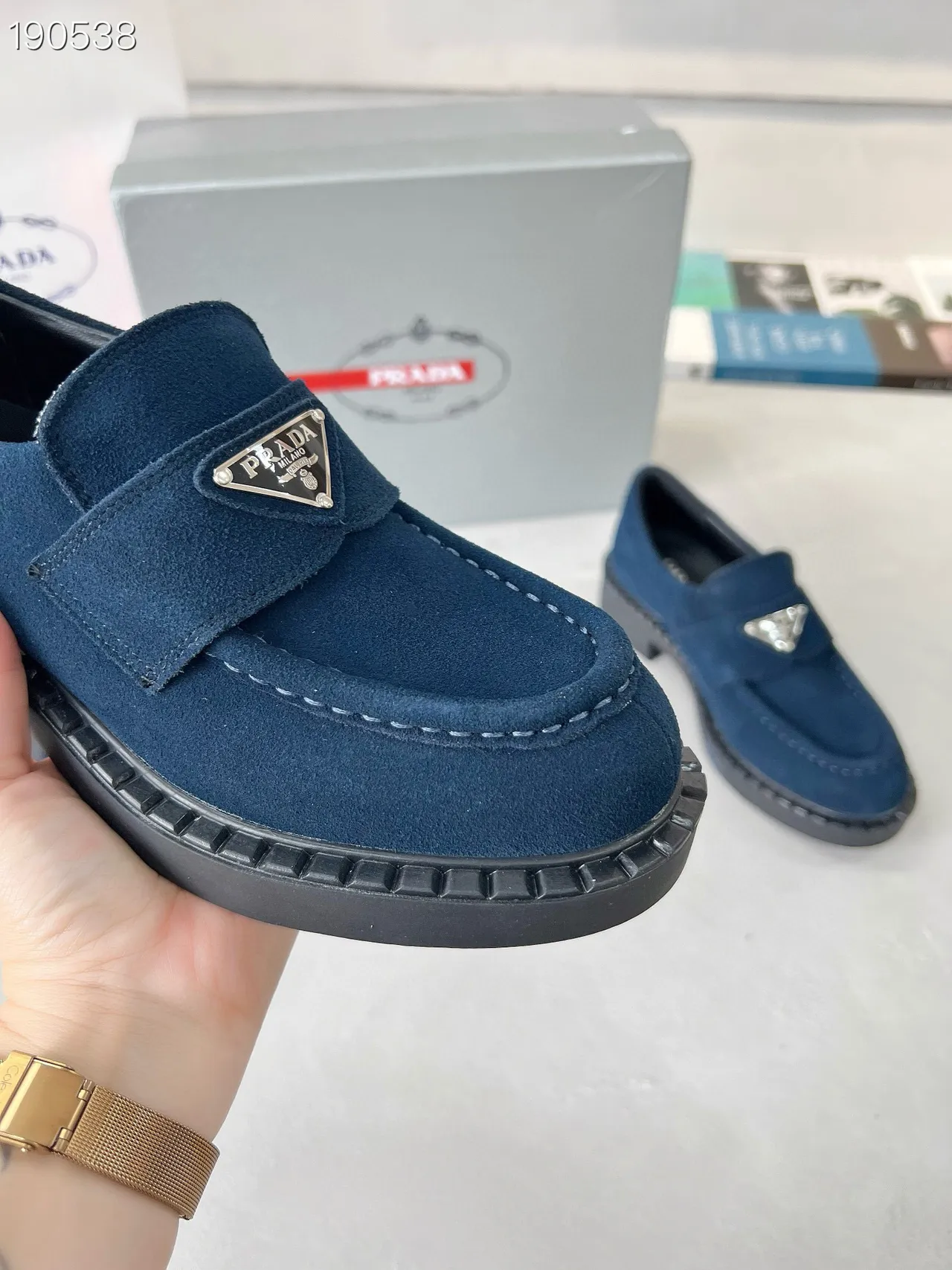 Prada Navy Black Suede Upper Padded Strap Loafer 6