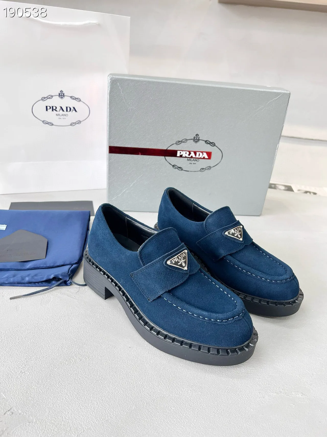 Prada Navy Black Suede Upper Padded Strap Loafer 7