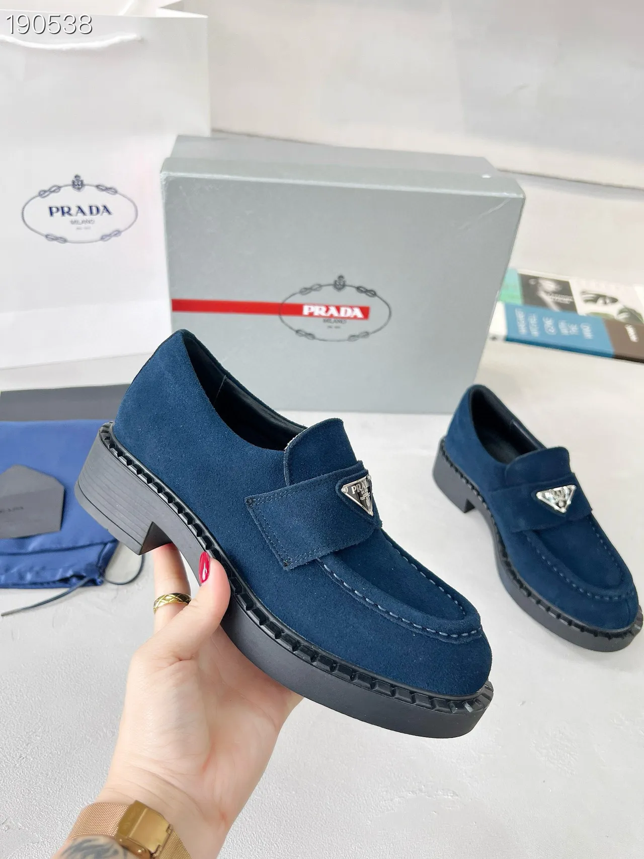 Prada Navy Black Suede Upper Padded Strap Loafer 8
