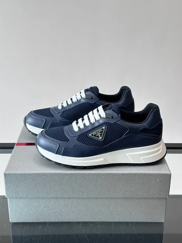 Prada Navy White Mesh And Leather Panel Construction Triangular Metal Logo Plaque Lifestyle Sneakers 5