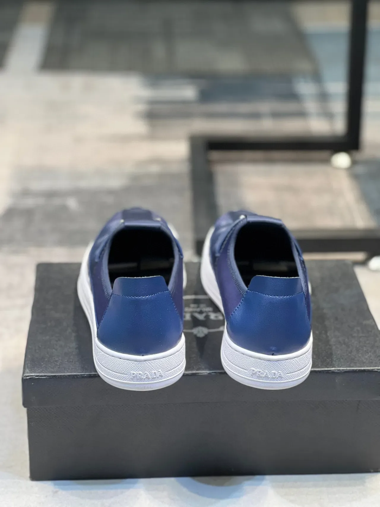 Prada Navy White Slip-On Elastic Strap Loafer 2