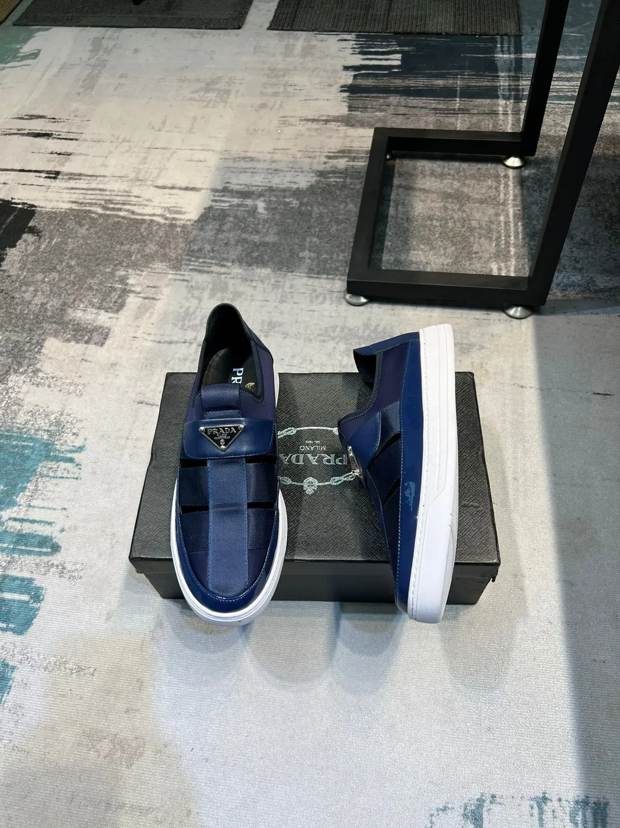 Prada Navy White Slip-On Elastic Strap Loafer 4