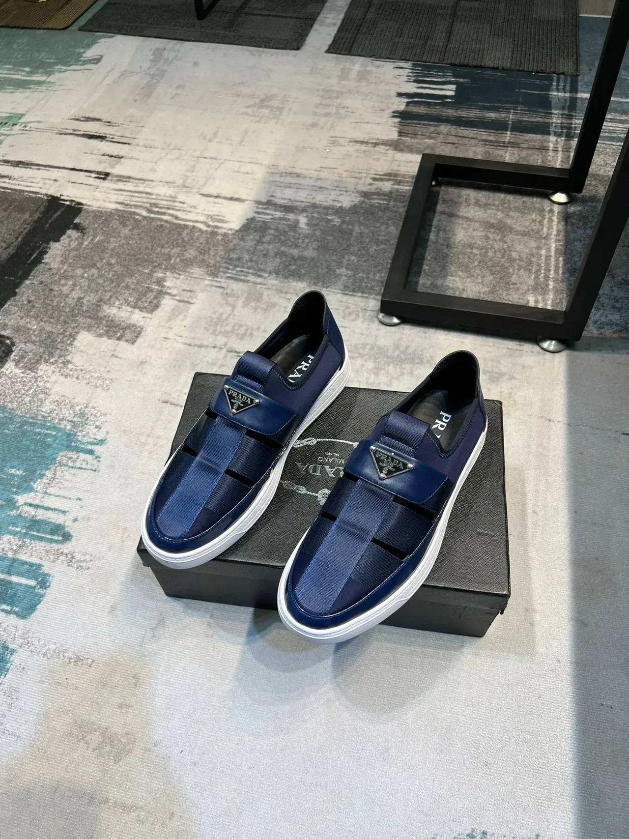Prada Navy White Slip-On Elastic Strap Loafer 5