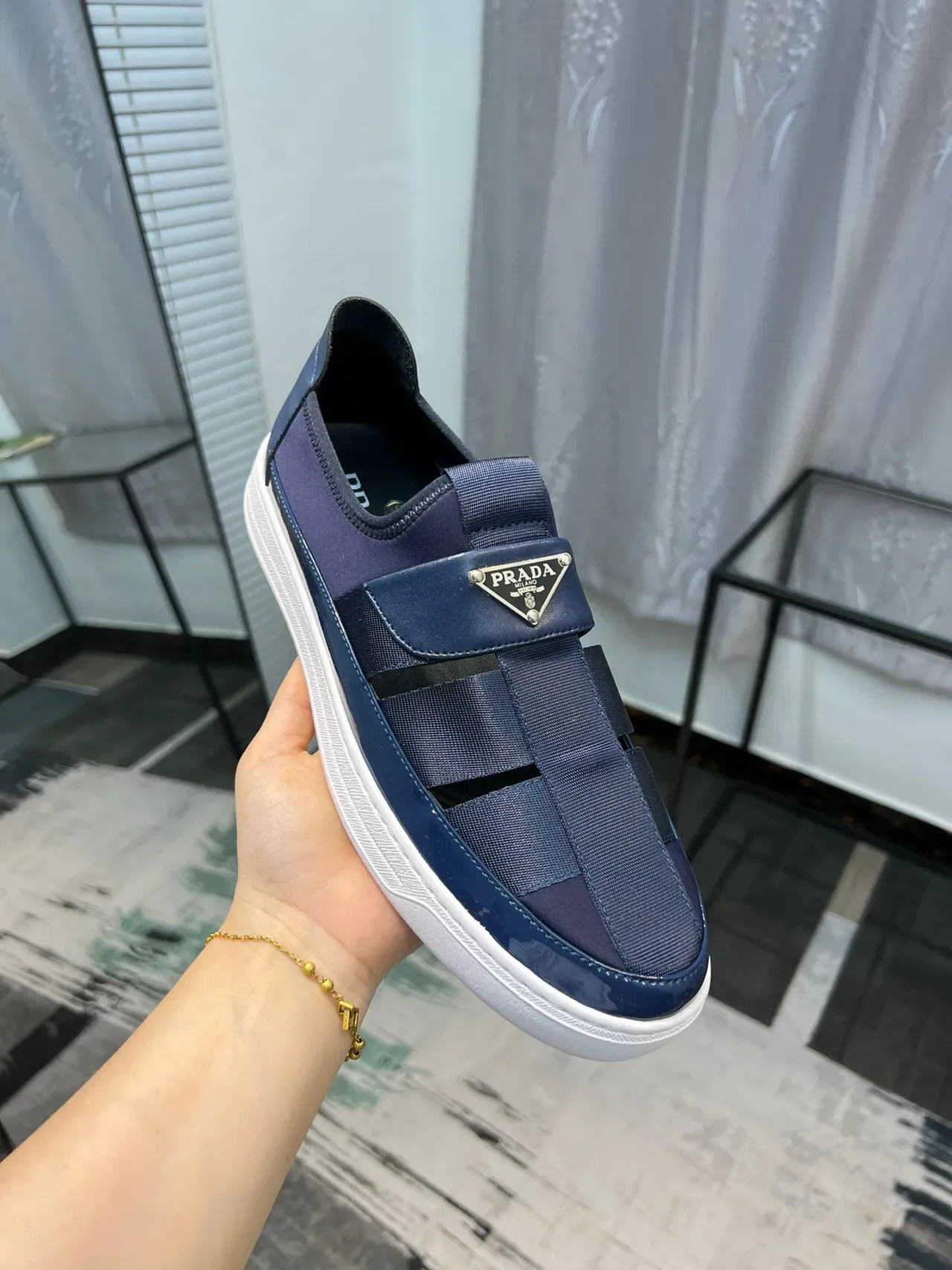 Prada Navy White Slip-On Elastic Strap Loafer 6